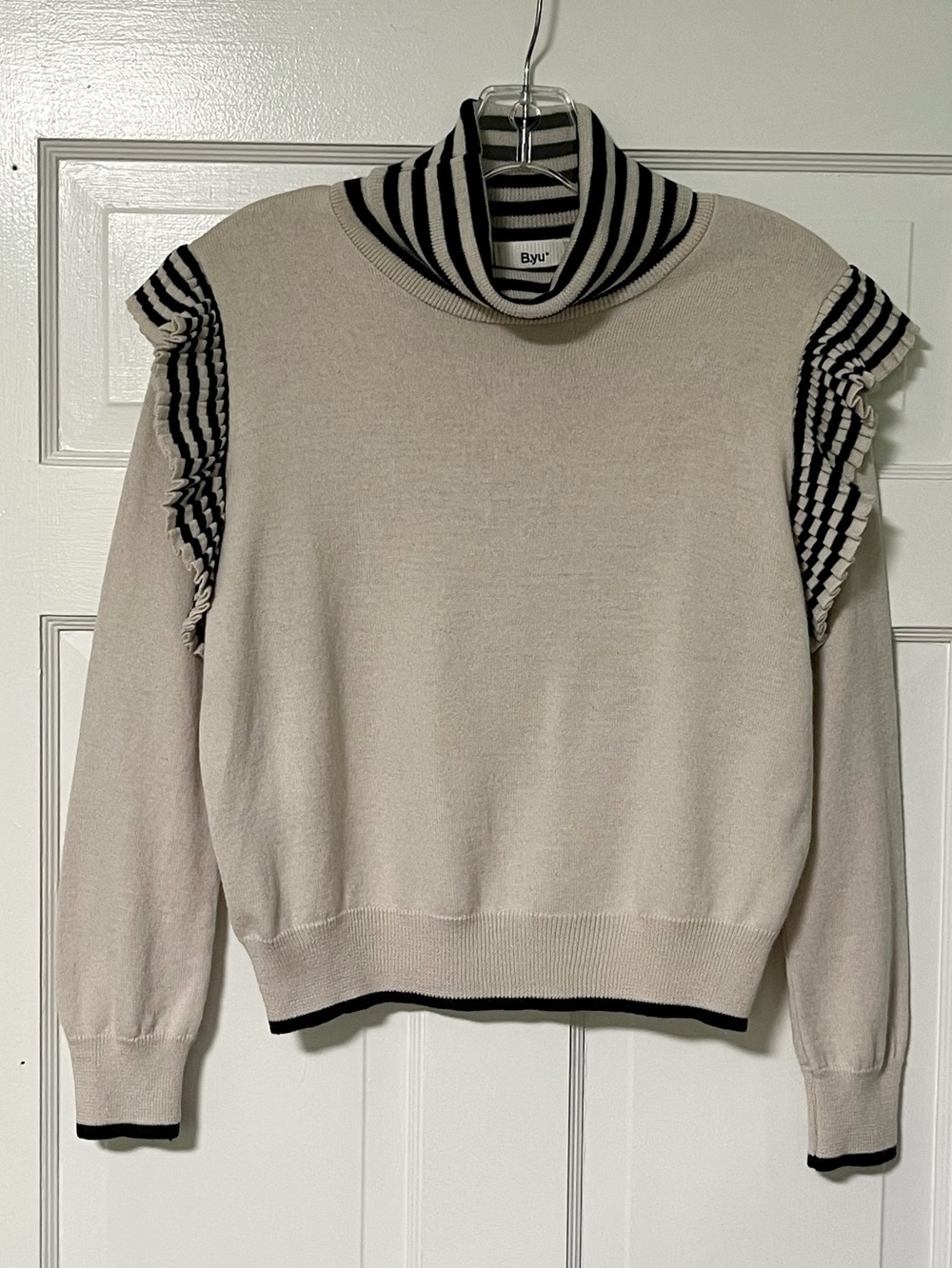 B.yu cream wool blend ruffled shoulders Long-sleeve turtleneck sweater